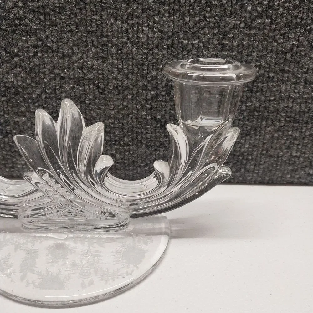 Vintage Clear Glass Double Votive Candle Holder Floral Etched Base Candelabra